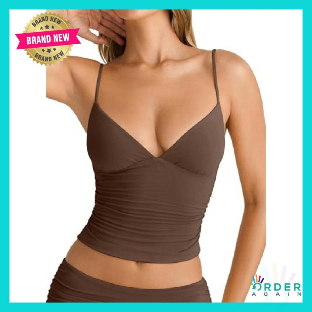 V Neck Ruched Cami Crop Top Double Layer Fitted Y2K Chic Sexy - Picture 4 of 8